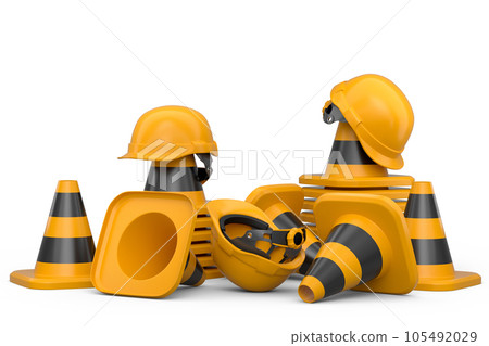 Set of safety helmets or hard hats and traffic cones, road sign on white Set of safety helmets or hard hats and traffic cones, road sign on white 105492029