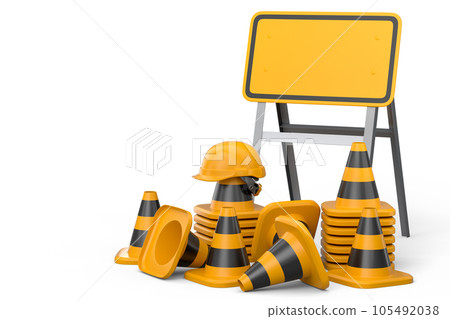 Stack of safety helmets or hard hats and traffic cones on green background Stack of safety helmets or hard hats and traffic cones on green background 105492038