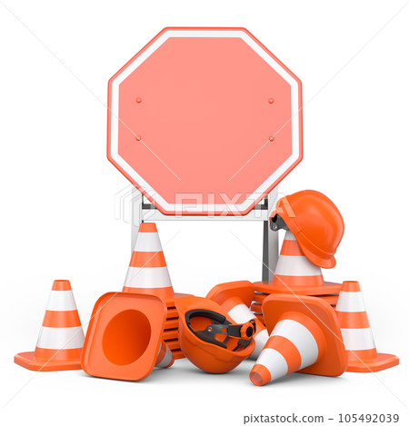 Stack of safety helmets or hard hats and traffic cones on green background Stack of safety helmets or hard hats and traffic cones on green background 105492039