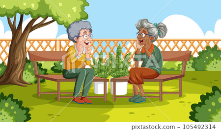 Elderly Friends Chatting in Garden Elderly Friends Chatting in Garden 105492314