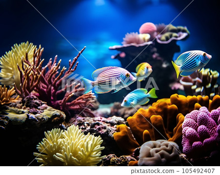 Great barrier reef, colorful fishes silver with holographic gradients, AI Generated 105492407