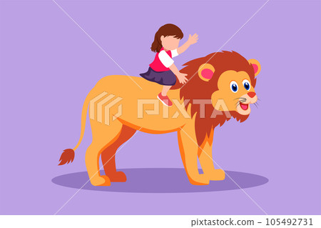 Character flat drawing happy little girl riding lion at zoo. Adorable child sitting on back big lion at circus event. Brave cute kids learning to ride beast animal. Cartoon design vector illustration Character flat drawing happy little girl riding lion at zoo. Adorable child sitting on back big lion at circus event. Brave cute kids learning to ride beast animal. Cartoon design vector illustration 105492731