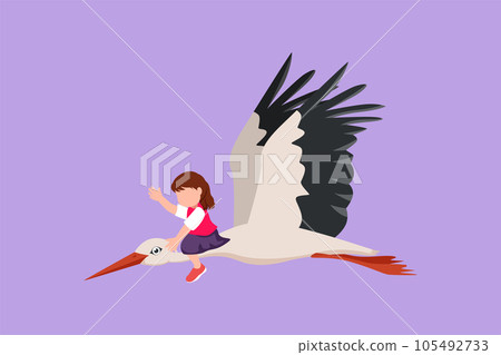 Cartoon flat style drawing pretty little girl flying with stork. Cheerful child fly and sitting on back stork bird at sky. Adorable kids learning to ride cute stork. Graphic design vector illustration Cartoon flat style drawing pretty little girl flying with stork. Cheerful child fly and sitting on back stork bird at sky. Adorable kids learning to ride cute stork. Graphic design vector illustration 105492733