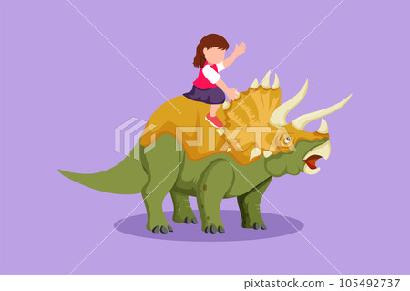Cartoon flat style drawing bravery little girl caveman riding triceratops. Adorable kids sitting on back of dinosaur. Stone age children playing. Ancient human life. Graphic design vector illustration 105492737