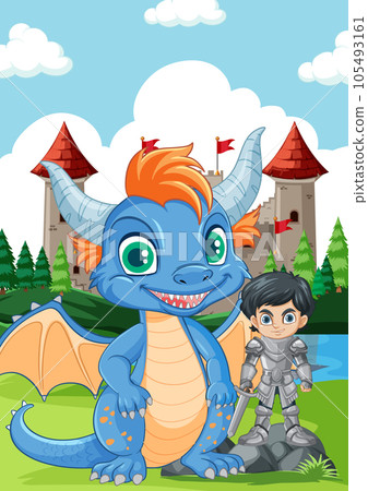 Cute Dragon with Knight Standing in Front of Castle 105493161