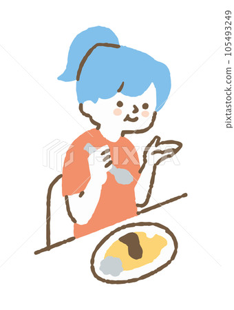 Girl eating omelet rice_color 105493249