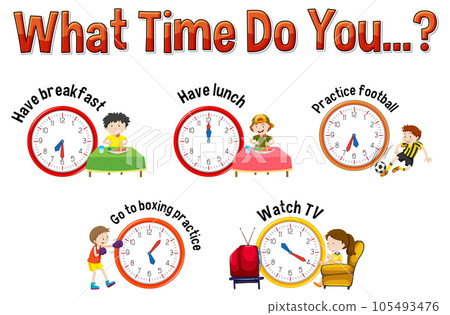 Daily routine with time and cartoon characters Daily routine with time and cartoon characters 105493476