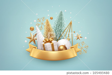 Festive Christmas 3d realistic Background. Gold, white Christmas Tree Decorations. Elements for Design Christmas card, poster, banner. Vector Illustration 105493480