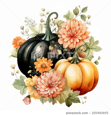 Watercolor Halloween illustration with bright pumpkins, black flowers and leaves, bones drawn by hand. Halloween illustration for sticker, invitation, poster, packaging, designs, cards 105493935
