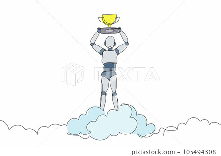 Single one line drawing robot holding trophy in cloud. Celebrates victory in sky. Future technology development. Artificial intelligence machine learning. Continuous line design vector illustration 105494308