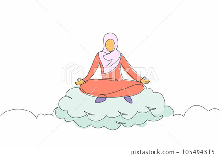 Single continuous line drawing relaxed Arab businesswoman meditates in lotus position on cloud. Restful Arabian female relaxing with yoga pose. Dynamic one line draw graphic design vector illustration Single continuous line drawing relaxed Arab businesswoman meditates in lotus position on cloud. Restful Arabian female relaxing with yoga pose. Dynamic one line draw graphic design vector illustration 105494315
