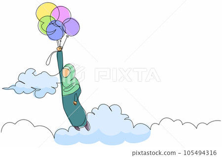 Single continuous line drawing Arabian businesswoman floating with flying balloon through cloud. Office worker reaches goal, achieve target, solution. One line draw graphic design vector illustration 105494316