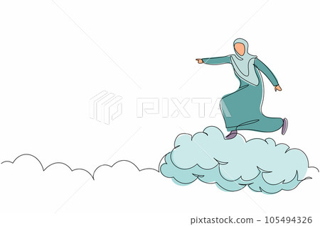 Single continuous line drawing successful Arab businesswoman on cloud and pointing forward. Arabian female manager go to future, way to success path. One line draw graphic design vector illustration 105494326