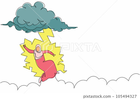 Single continuous line drawing Arab businesswoman struck by lightning or thunder from cloud. Feel bad luck in office. Misery, disaster, risk, danger. One line draw graphic design vector illustration Single continuous line drawing Arab businesswoman struck by lightning or thunder from cloud. Feel bad luck in office. Misery, disaster, risk, danger. One line draw graphic design vector illustration 105494327