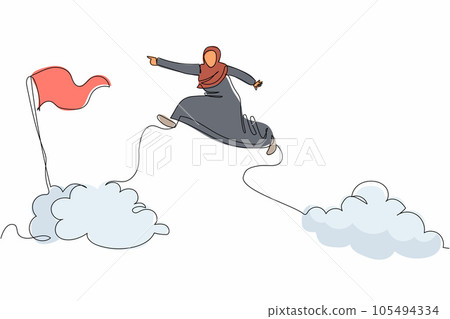 Single continuous line drawing attractive Arabian businesswoman jump and leap over clouds to reach success business target flag. Challenge career path. One line draw graphic design vector illustration Single continuous line drawing attractive Arabian businesswoman jump and leap over clouds to reach success business target flag. Challenge career path. One line draw graphic design vector illustration 105494334