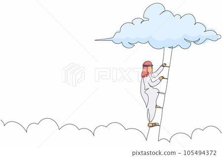 Single one line drawing active Arab businessman climbing up ladder to cloud. Worker rising business development. Professional growth promotion. Continuous line draw design graphic vector illustration 105494372
