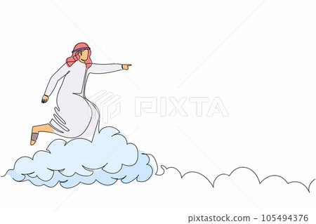 Single one line drawing Arab businessman riding cloud on the sky, pointing forward, go to future improvisation. Manager on cloud way to success. Continuous line draw design graphic vector illustration Single one line drawing Arab businessman riding cloud on the sky, pointing forward, go to future improvisation. Manager on cloud way to success. Continuous line draw design graphic vector illustration 105494376