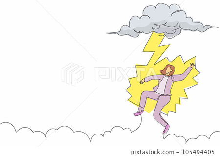 Single continuous line drawing unlucky businesswoman struck by lightning or thunder from cloud. Feel bad luck in business. Misery, disaster, risk, danger. One line graphic design vector illustration Single continuous line drawing unlucky businesswoman struck by lightning or thunder from cloud. Feel bad luck in business. Misery, disaster, risk, danger. One line graphic design vector illustration 105494405