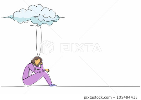 Single one line drawing unhappy depressed businesswoman feeling sad, depression sitting under rain cloud. Sad worker in stress with problem. Continuous line draw design graphic vector illustration Single one line drawing unhappy depressed businesswoman feeling sad, depression sitting under rain cloud. Sad worker in stress with problem. Continuous line draw design graphic vector illustration 105494415