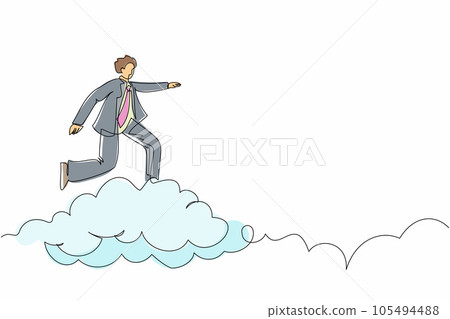 Single continuous line drawing businessman riding cloud on the sky, pointing forward, go to future, business concept. Manager on cloud way to success. One line draw graphic design vector illustration Single continuous line drawing businessman riding cloud on the sky, pointing forward, go to future, business concept. Manager on cloud way to success. One line draw graphic design vector illustration 105494488