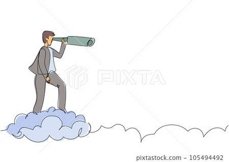 Continuous one line drawing businessman riding cloud holding telescope or binocular to search for business visionary. Leadership vision to see company strategy. Single line design vector illustration 105494492