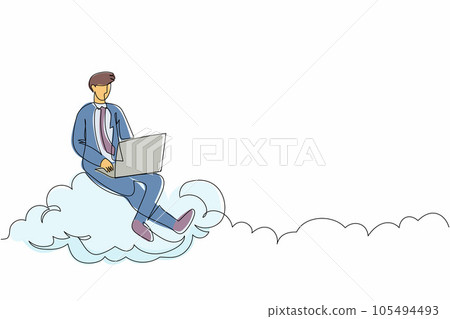 Single continuous line drawing businessman sitting on cloud in sky and working with laptop. Wireless connection. Social networking using cloud storage. One line draw graphic design vector illustration Single continuous line drawing businessman sitting on cloud in sky and working with laptop. Wireless connection. Social networking using cloud storage. One line draw graphic design vector illustration 105494493