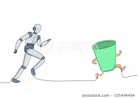 Single continuous line drawing robot run chasing paper cup. Recycling waste treatment plant. Modern robotic artificial intelligence. Electronic technology industry. One line draw graphic design vector Single continuous line drawing robot run chasing paper cup. Recycling waste treatment plant. Modern robotic artificial intelligence. Electronic technology industry. One line draw graphic design vector 105494494