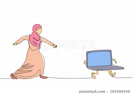 Single continuous line drawing Arab businesswoman try to chase laptop. Female manager works in office who has deadlines and tasks. Business metaphor. One line draw graphic design vector illustration Single continuous line drawing Arab businesswoman try to chase laptop. Female manager works in office who has deadlines and tasks. Business metaphor. One line draw graphic design vector illustration 105494549