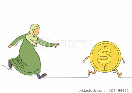 Continuous one line drawing Arab businesswoman chase dollar coin. Office worker want to get much money as possible. Arabian manager chasing success. Single line draw design vector graphic illustration 105494551