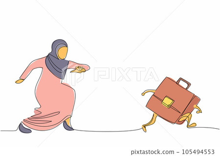 Single one line drawing Arab businesswoman chasing briefcase. Manager trying to success at office. Best performance work to growth career path. Continuous line draw design graphic vector illustration Single one line drawing Arab businesswoman chasing briefcase. Manager trying to success at office. Best performance work to growth career path. Continuous line draw design graphic vector illustration 105494553