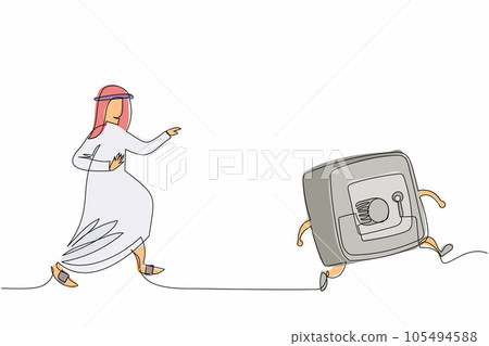 Continuous one line drawing Arab businessman run chasing deposit box. Protect money, coins, gold, paper. Financial security, savings dollars. Business metaphor. Single line draw design vector graphic Continuous one line drawing Arab businessman run chasing deposit box. Protect money, coins, gold, paper. Financial security, savings dollars. Business metaphor. Single line draw design vector graphic 105494588