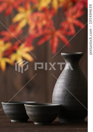 Autumn sake image set of sake bottle and choko 105494639