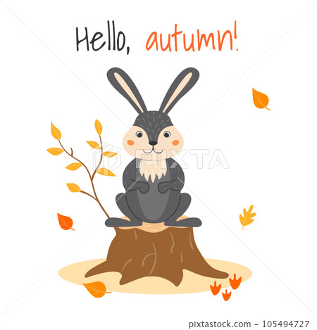 Vector illustration with a cute rabbit on a stump and autumn leaves in cartoon style. Forest animals and plants. Hello, autumn. 105494727