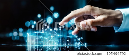 Hand touching holographic graph growing up Hand touching holographic graph growing up 105494792