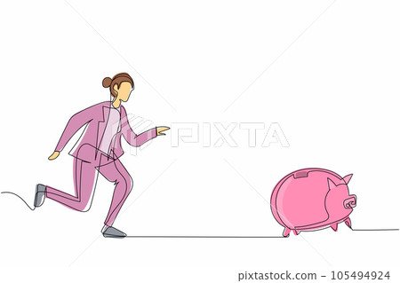 Single continuous line drawing businesswoman chasing piggy bank, trying to catch it and return his money. Financial crisis, ROI, return on investment business. One line draw design vector illustration 105494924