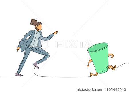 Single one line drawing businesswoman run chasing try to catch paper cup. Concept of drink, thirsty, hot coffee, tea, recycling. Business metaphor. Continuous line design graphic vector illustration Single one line drawing businesswoman run chasing try to catch paper cup. Concept of drink, thirsty, hot coffee, tea, recycling. Business metaphor. Continuous line design graphic vector illustration 105494940