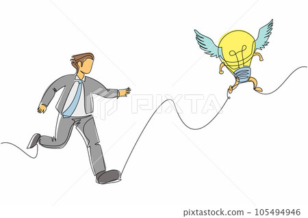Single continuous line drawing businessman run chasing try to catch flying light bulb. Searching inspiration, creative idea, success. Business metaphor. One line graphic design vector illustration 105494946