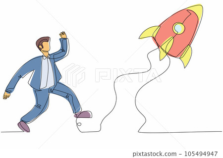 Single continuous line drawing businessman run chasing try to catch flying rocket. Concept of competitive, advantage, growth, marketing. Business metaphor. One line graphic design vector illustration Single continuous line drawing businessman run chasing try to catch flying rocket. Concept of competitive, advantage, growth, marketing. Business metaphor. One line graphic design vector illustration 105494947