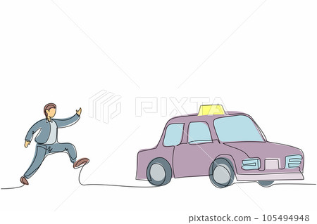 Single one line drawing businessman run chasing try to catch taxi cab. Hurry running to get a car, yellow public passenger vehicle. Business metaphor. Continuous line draw design vector illustration 105494948