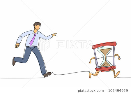 Single continuous line drawing businessman run chasing try to catch hourglass. Concept of stress, angry, burnout, deadlines, depression. Business metaphor. One line graphic design vector illustration Single continuous line drawing businessman run chasing try to catch hourglass. Concept of stress, angry, burnout, deadlines, depression. Business metaphor. One line graphic design vector illustration 105494959