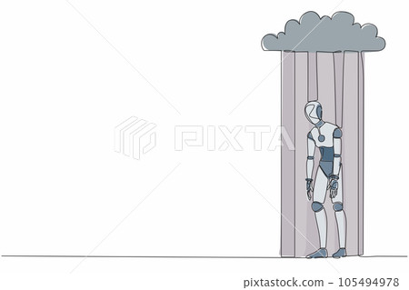 Single continuous line drawing unhappy depressed sad robot in stress walking under rain cloud. Robotic artificial intelligence. Electronic technology. One line draw graphic design vector illustration 105494978