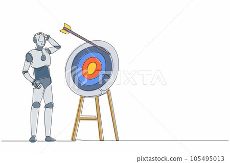 Single continuous line drawing robot arrow missed at the target. Failed hit archery target. Modern robotic artificial intelligence. Electronic technology industry. One line draw graphic design vector Single continuous line drawing robot arrow missed at the target. Failed hit archery target. Modern robotic artificial intelligence. Electronic technology industry. One line draw graphic design vector 105495013