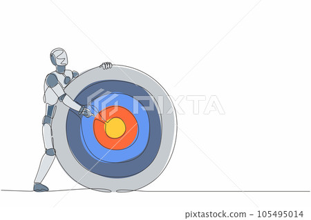 Single one line drawing robot holding archer target or dartboard and pointing at bullseye. Future technology. Artificial intelligence and machine learning. Continuous line design vector illustration 105495014
