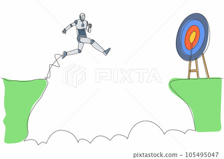 Single continuous line drawing robot jumping over cliff to reach target. Robotic artificial intelligence. Electronic technology industry. Dynamic one line draw graphic design vector illustration 105495047
