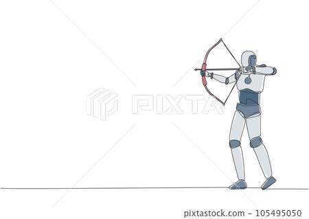 Single continuous line drawing robot trying to shoot target with blindfold. Modern robotic artificial intelligence. Electronic technology industry. One line draw graphic design vector illustration 105495050