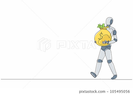 Single one line drawing robot walking and carrying big heavy sack full of cash money. Future technology. Artificial intelligence and machine learning. Continuous line draw design vector illustration Single one line drawing robot walking and carrying big heavy sack full of cash money. Future technology. Artificial intelligence and machine learning. Continuous line draw design vector illustration 105495056