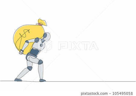 Continuous one line drawing robot carrying big and heavy money bag on his back. Humanoid robot cybernetic organism. Future robotics development. Single line draw design vector graphic illustration Continuous one line drawing robot carrying big and heavy money bag on his back. Humanoid robot cybernetic organism. Future robotics development. Single line draw design vector graphic illustration 105495058