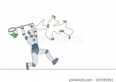 Single continuous line drawing robot trying to catch flying money with butterfly net. Robotic artificial intelligence. Electronic technology industry. One line draw graphic design vector illustration 105495061