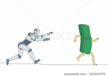 Single one line drawing robot running and chasing after run away money. Future technology development. Artificial intelligence and machine learning. Continuous line design graphic vector illustration Single one line drawing robot running and chasing after run away money. Future technology development. Artificial intelligence and machine learning. Continuous line design graphic vector illustration 105495070