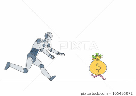 Single continuous line drawing robot chasing money bag dollar run away. Modern robotic artificial intelligence. Electronic technology industry. Dynamic one line draw graphic design vector illustration 105495071